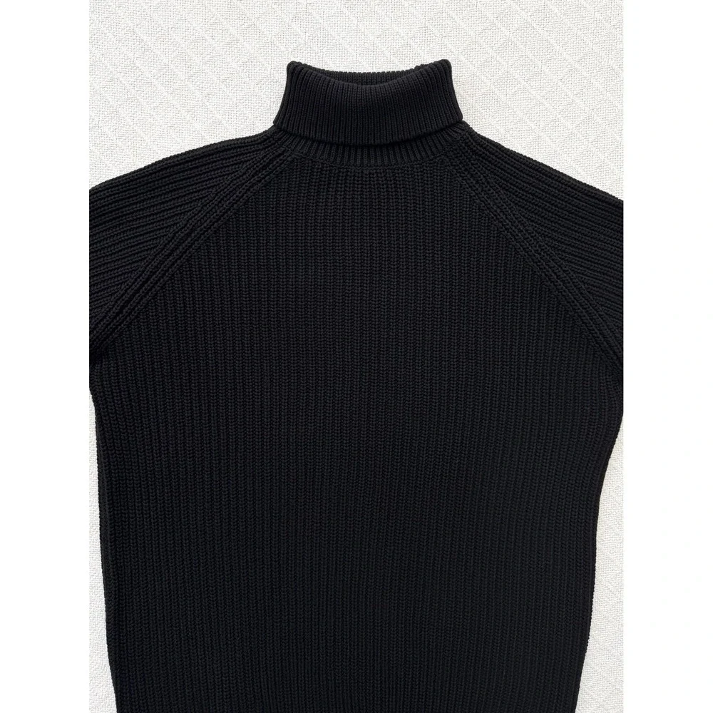 Zara Ribbed Turtleneck Sweater Black Cotton Raglan Sleeve Chunky Knit Size Large
